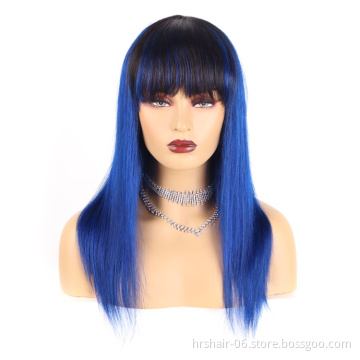 100% human hair T1B/Blue Color Brazilian Remy hair wigs with Bangs Full Machine Made Wigs no Lace wigs For Women